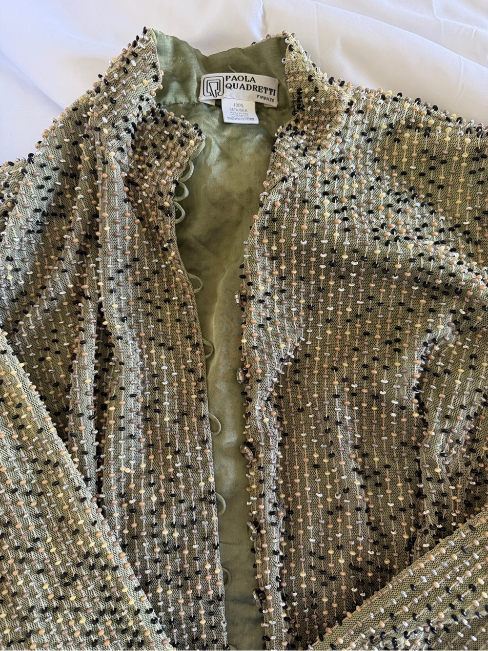 Paola Quadretti Vintage Olive Beaded Tweed Blazer